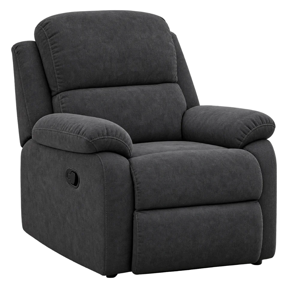 Recliner in charcoal grey fabric with pillow-top arms