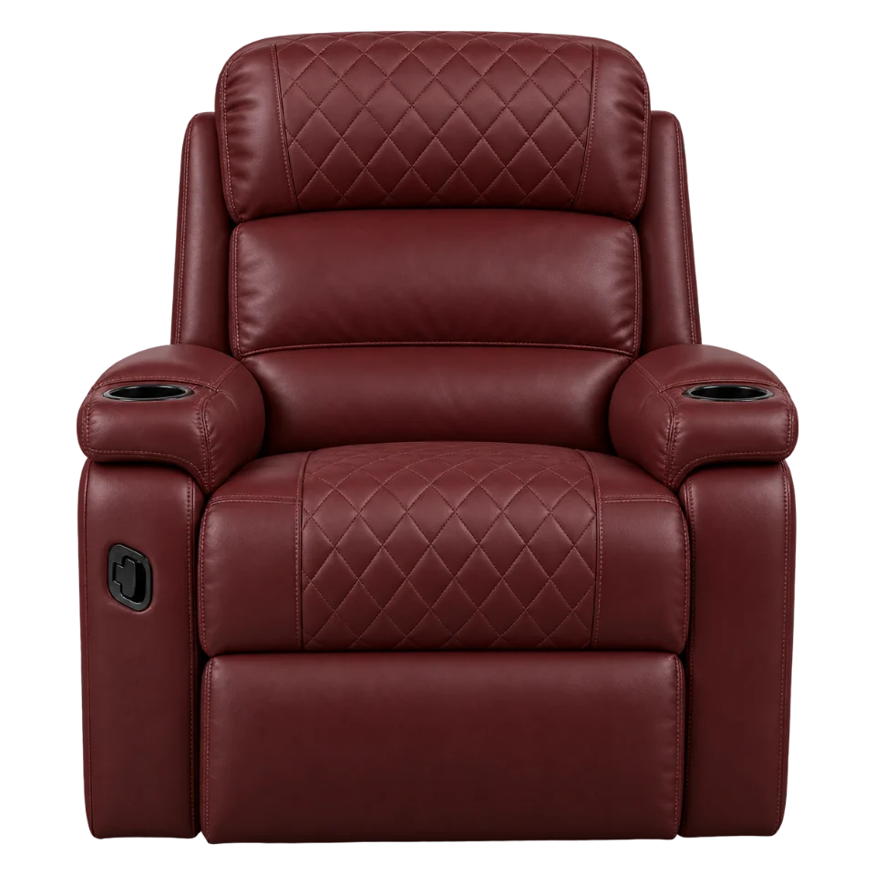 Recliner in maroon leatherette with diamond quilting and a cup holder in each arm