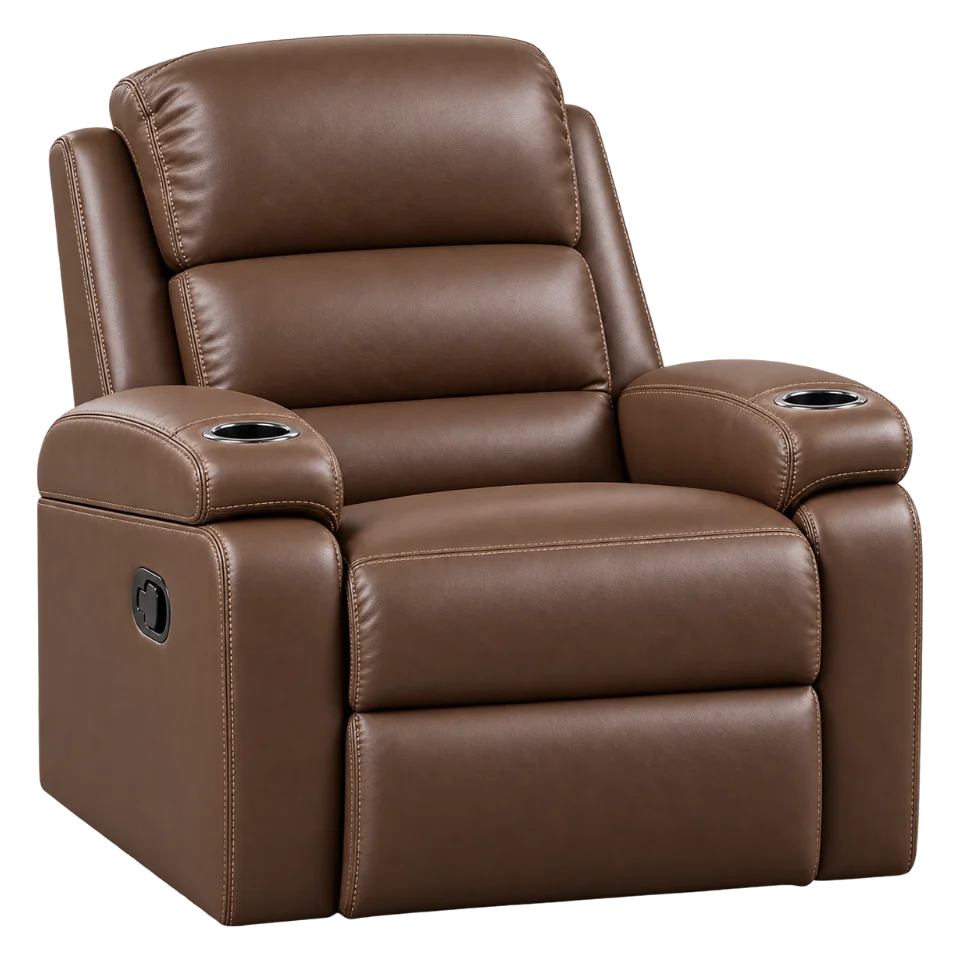 Recliner in tan leatherette with a cup holder in each arm